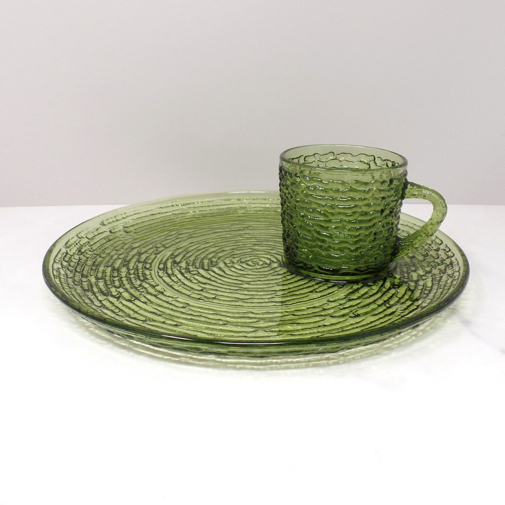 Vintage Anchor Hocking Soreno Avocado Green Snack Set, Plate and Cup